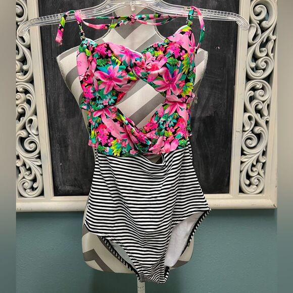 OP Pink Floral and Black Striped One Piece Swimsuit - Picture 1 of 9